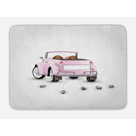 Cars Bath Mat, Just Married Themed Open Roof Top Car Love for Bride and Groom Picture Wedding Print, Non-Slip Plush Mat Bathroom Kitchen Laundry Room Decor, 29.5 X 17.5 Inches, Pink White, Ambesonne