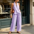thumbnail image 6 of Karymi Womens Workout Tops 2 Piece Gingham Linen Blend Outfit Set, V Neck Sleeveless Loose Pullover Tank Top+Elastic High Waist Wide Leg Pants with Pockets Womens Tops, 6 of 7