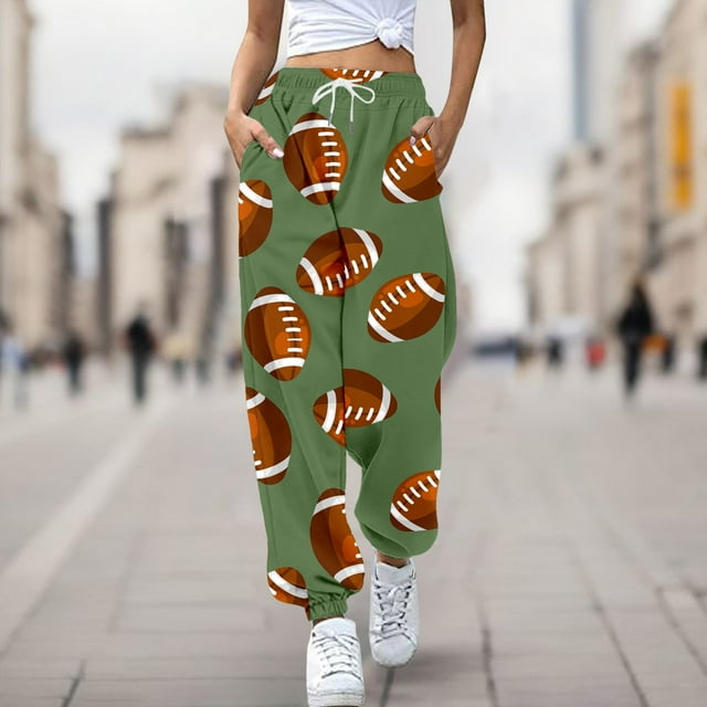 MKLEKYY Vêtements d'Automne Femmes Pantalon de Rugby Imprimé Poches Larges Taille Haute Pantalon de Survêtement Décontracté Femmes Pantalon Décontracté