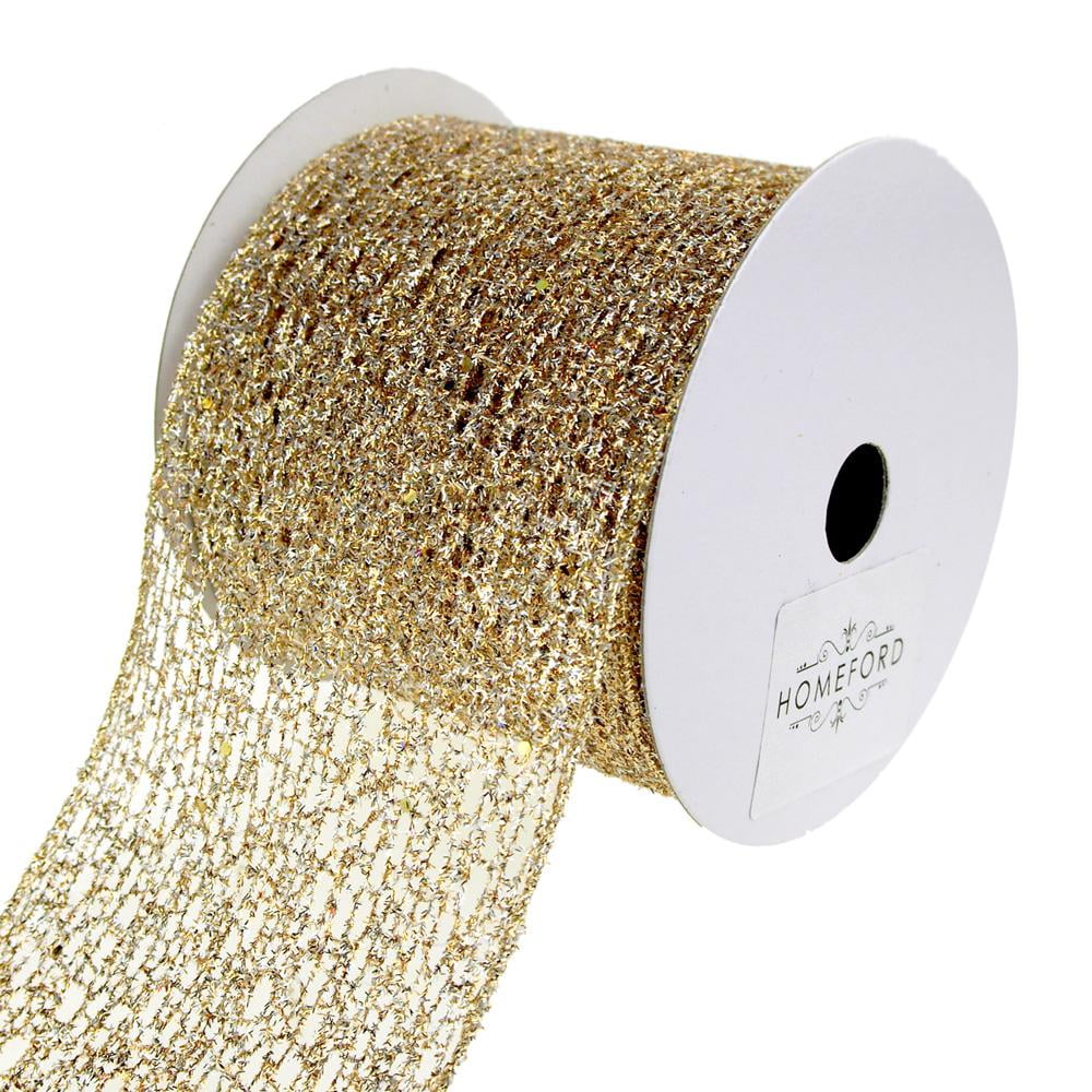 Open Weave Metallic Glitter Tinsel Mesh Christmas Ribbon, Gold/Silver