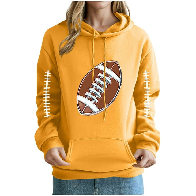 Heisall Womens Hoodies Rugby Print Pocket Drop Shoulder Long Sleeve Tops Fashion Casual Pullover Hooded Sweatshirts