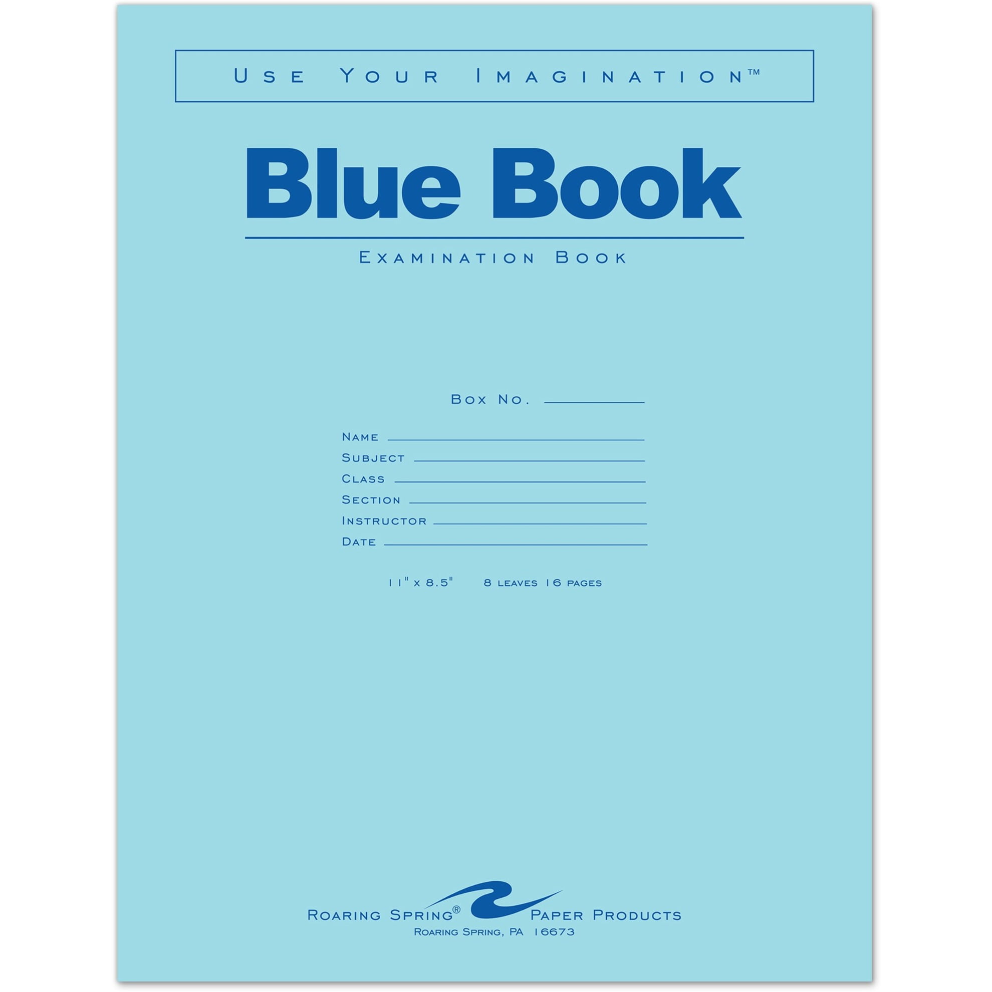 Roaring Spring Test Blue Exam Book, 1 Case (500 Total), Wide Ruled with Margin, 11" x 8.5" 8 Sheets/16 Pages, Blue Cover