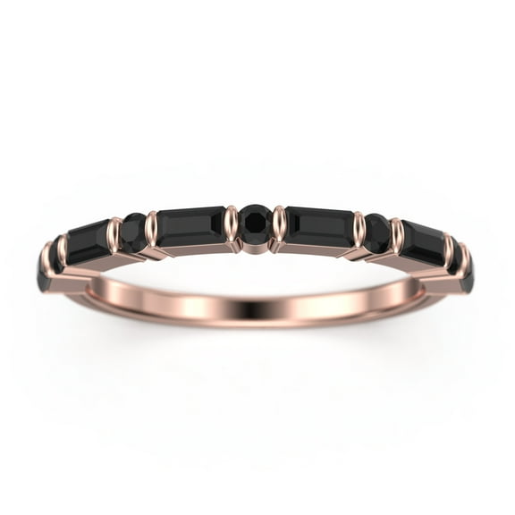 0.73ct Round and Baguette Cut Black Diamond Moissanite Ring 18K Rose Gold Over Silver