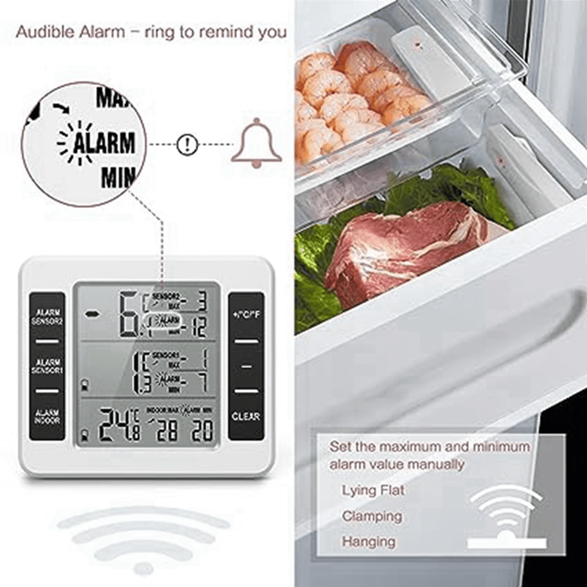 2X Wireless Refrigerator Thermometer Digital Freezer Thermometer Temperature Monitor with 4 Sensors for Indoor Outdoor