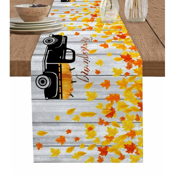 Fall Truck Burlap-Cotton Table Runner 70 Inches Long,Orange Yellow Maple Leaf Botanical Vintage Farmhouse Table Runners,Outdoor Dining Tablecloths Decor for Baby Shower Party Wedding 13x70