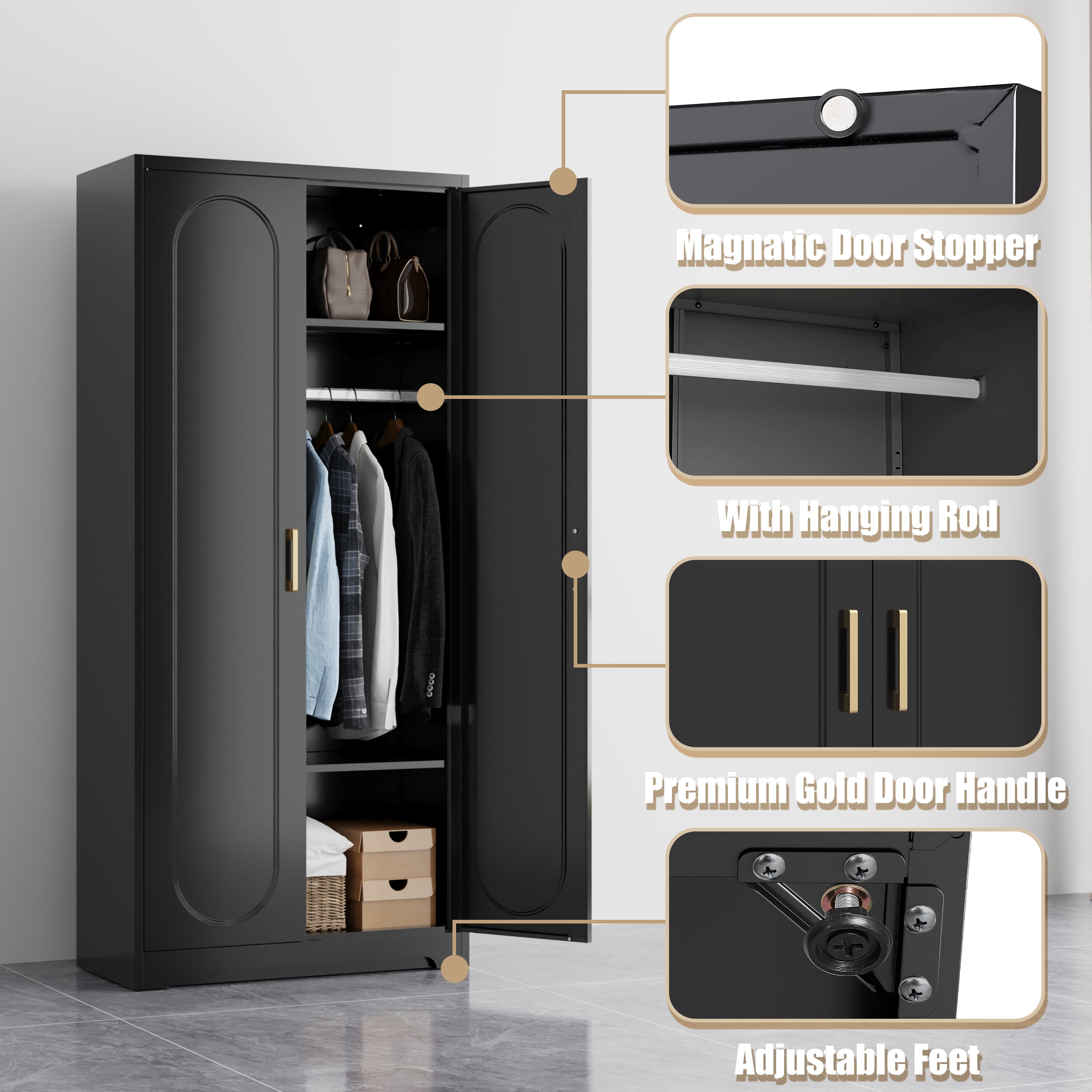 Polup 71" H Modern Steel Sturdy Armoire Cabinet with Shelves and Hanging Rod, Adult Bedroom Wardrobe Closet with Doors