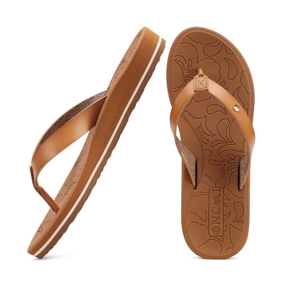 ONCAI Womens Flip Flops for Women Arch Support Yoga Mat Summer Beach Leather Woman Dressy Thong Sandal for Women 2026 with Plantar Fasciitis Walking Ladies Thong Cushion Sandal Outdoor Khaki Size 6