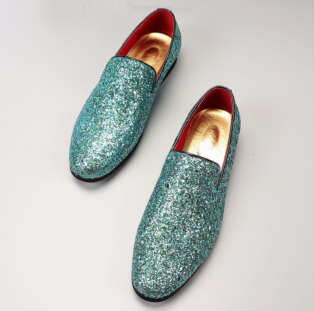 blue sparkly mens dress shoes Formal Glitter Shoes Men Loafers Dress Loafers Blue Dress Shoes Men's Prom lite:female quality materials used in Yves Blue Lace Dress Glitter loafers Set Option:Dress/Jewel Sash