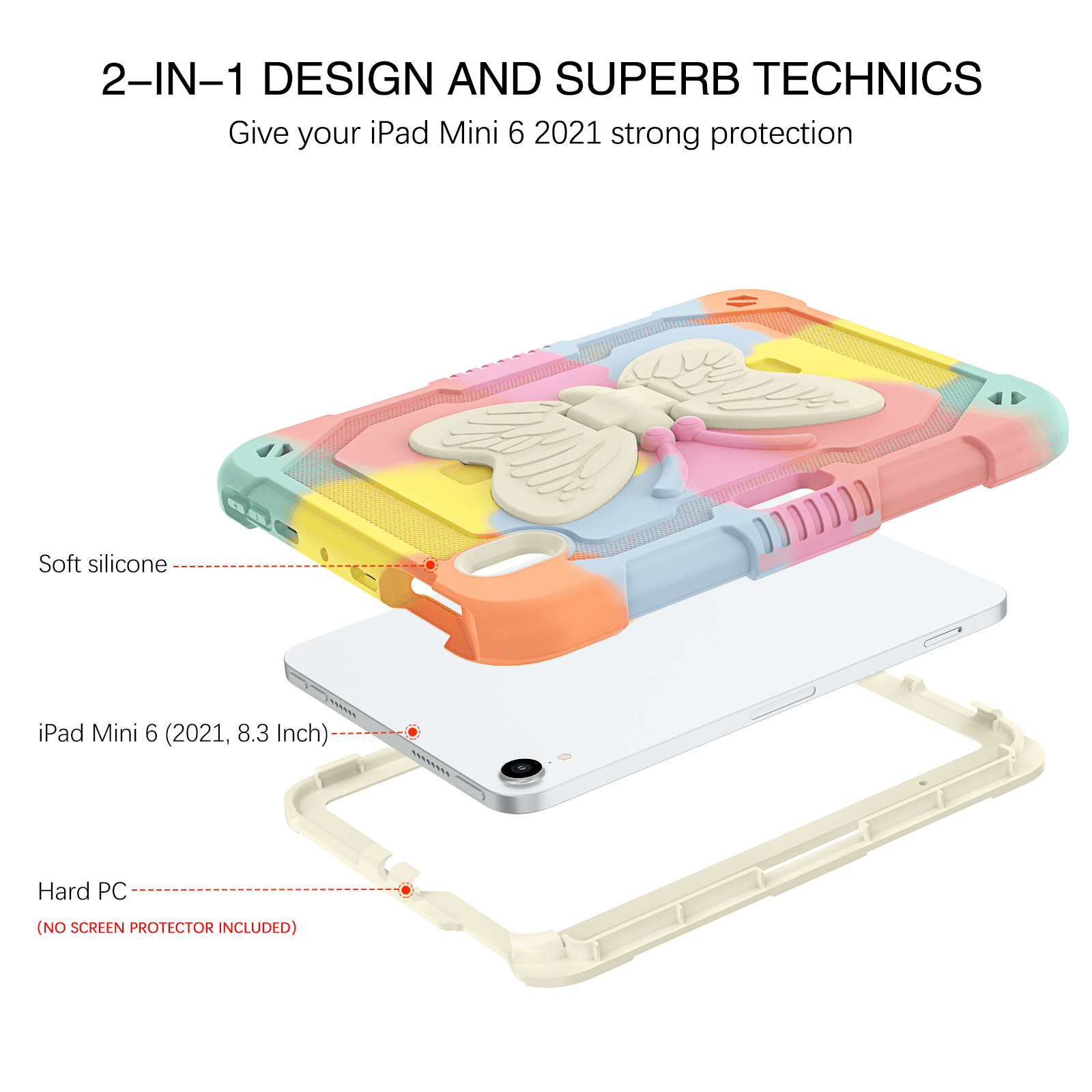 iPad mini 7 Case / iPad mini 6 Case (2024/2021) 8.3 inch - DOMAVER Shockproof Protective Cover with Butterfly Wings Kickstand, Apple Pencil Holder, Kids Friendly Drop-Proof Design - Rainbow Pink