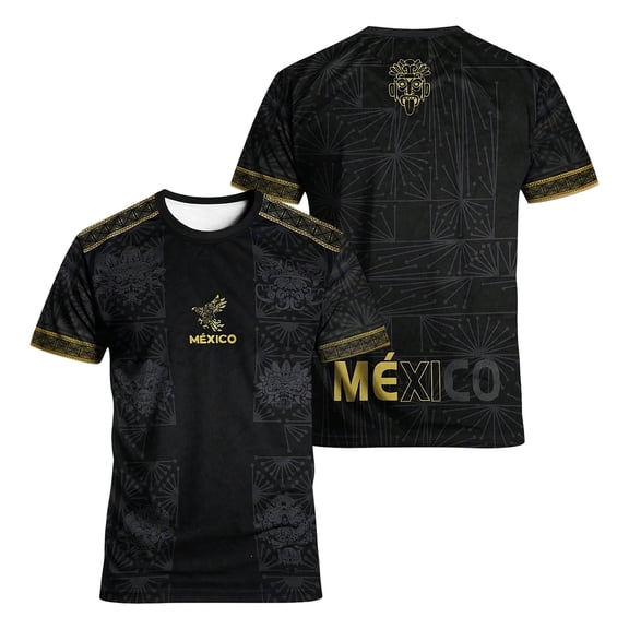 Mexico 2026 Soccer Cup Crew Neck Jersey for Men, Short Sleeve Football Kit Shirt with Tribal Geometric & "MÉXICO" Print, Breathable Athletic Uniform Top, Lightweight Fan Gear, 1 PC Black L