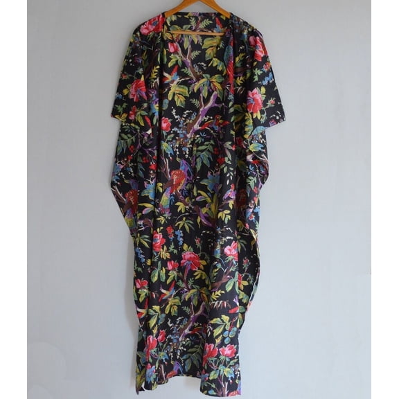 Jungle Floral Print Cotton Fabric Indian Kaftan Dress Long Top Caftan, Dress Beach Wear Cover up, Printed Sleepwear Maxi Dress Boho Kimono Robe