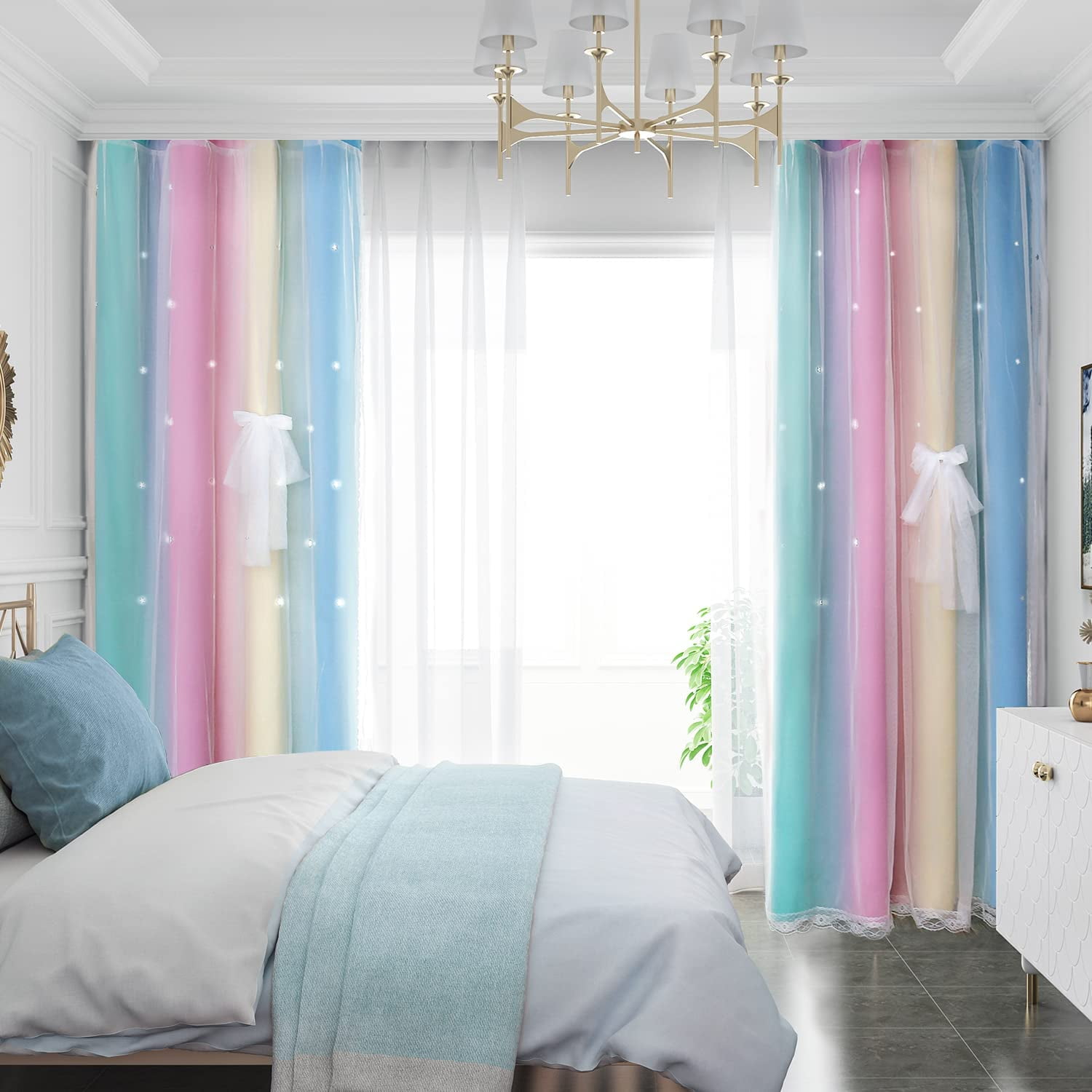 DONGPAI Blackout Stars Curtains for Kids Girls Bedroom Double Layers Star Cut Out Rainbow Curtains Home Window Decoration Curtain, 51" x 84", 1 Panel