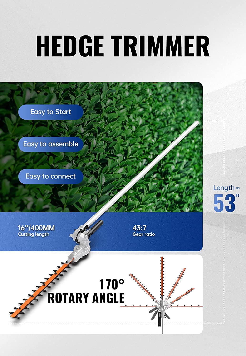 SUNSEEKER 16 Inch Hedge Trimmer Attachment Dual Action Articulating Head Heavy Duty Steel for Gas Powered Tools