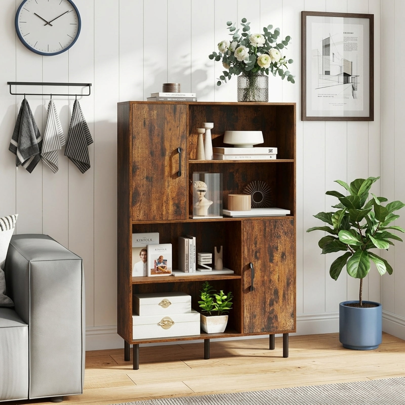 Furnibear 47 Inch Storage Cabinet Freestanding Bookcase with 2 Doors and 4 Open Shelves for Living Room Home Office Bedroom Display, Rustic Brown