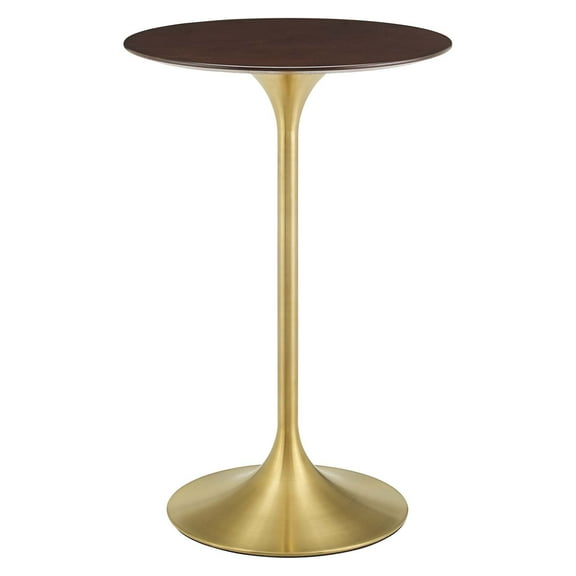 Bar Table, Round, Wood, Metal Steel, Gold Dark Brown Brown Walnut, Modern Contemporary Urban Design, Bar Pub Cafe Bistro Hotel Restaurant Hospitality