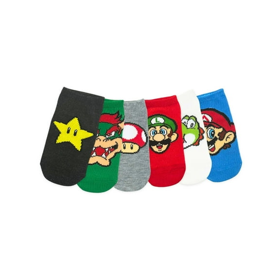 Super Mario Boys No-Show Socks, 6-Pack, Sizes S/M-M/L