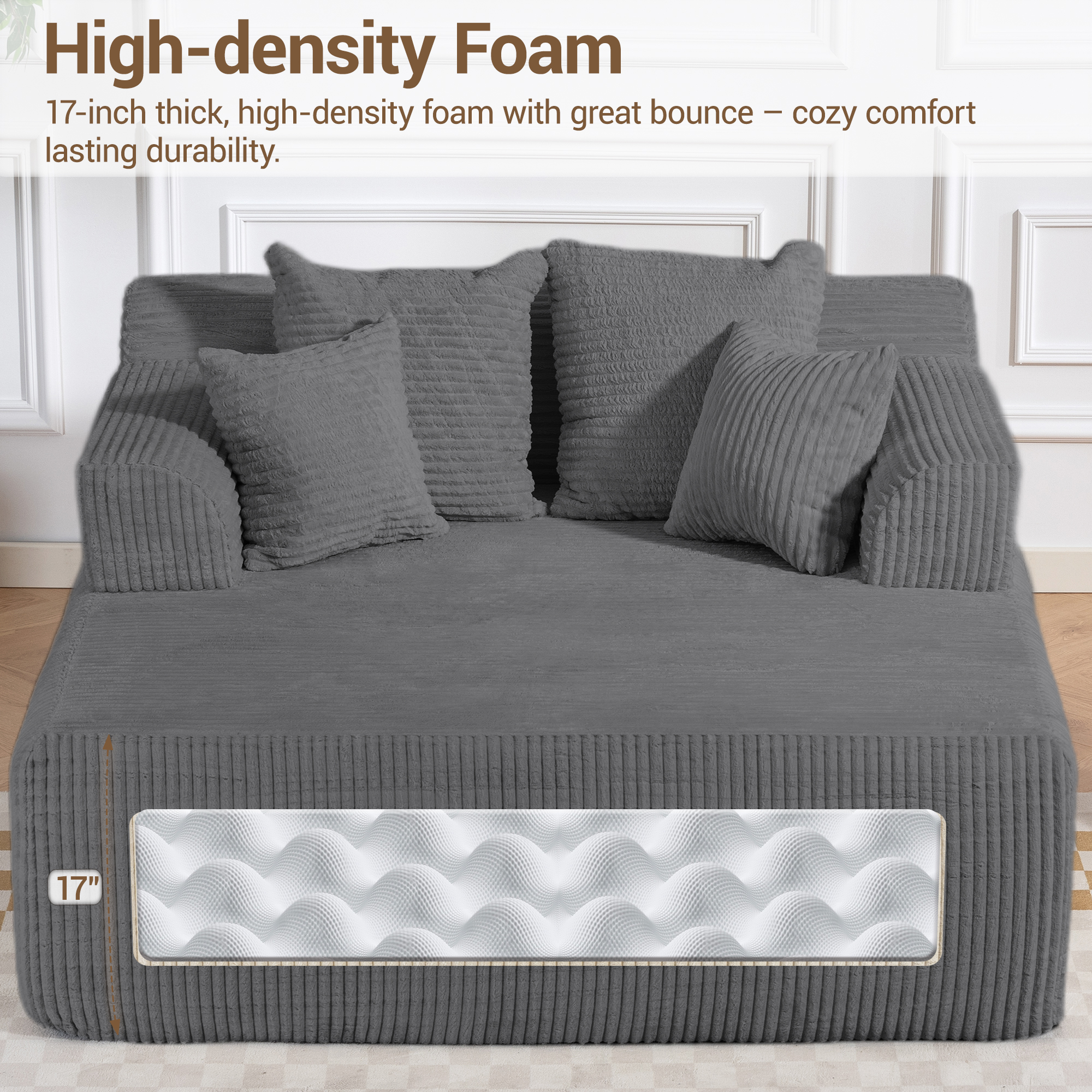 WENTUM 58" Chaise Lounge Chair Indoor, Oversized Corduroy Boneless Sleeper Sofa Bed with Armrests & 4 Pillows No Assembly for Living Room Gray