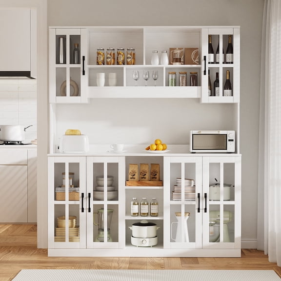 RichYa Kitchen Pantry with Hutch,Freestanding Storage Cabinet with Doors and Shelves,Cupboard with 59"Wide Countertop for Dining Room,White(X)