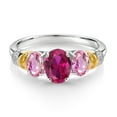 thumbnail image 2 of Gem Stone King 925 Sterling Silver and 10K Yellow Gold Oval Red Created Ruby Pink Sapphire and White Diamond 3 Stone Ring for Women (2.58 Cttw, Gemstone July Birthstone, Size 8), 2 of 3