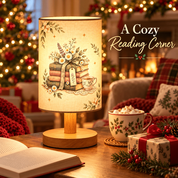 Table Lamp LED 3-Color, Pressed Flower Print Bedside Lamp with Wood Base, Book Lovers Gifts for Women and Readers, Christmas Birthday Bedroom Decor