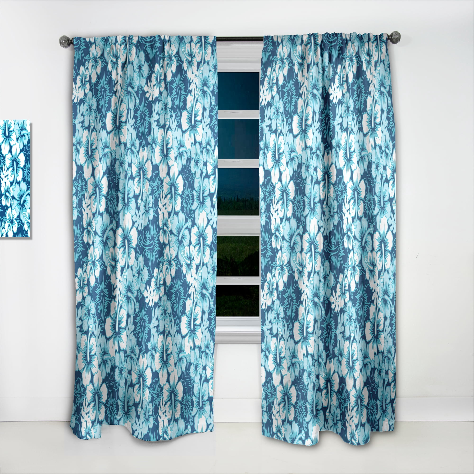 Designart 'Indigo HawaII Blue Flowers Pattern' Tropical Curtain Panel