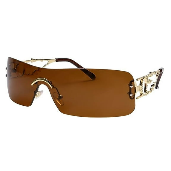 Brown Tint Rimless Y2k Women Rectangle Flame Metal Retro Vintage Sunglasses