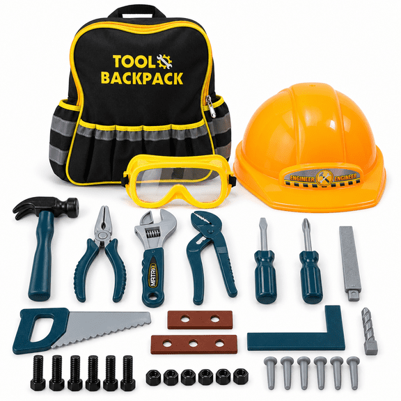 33 Piece Pretend Play Construction Tools Set, Kids Hand Tool Kit with Storage Backpack, Hard Hat, Durable Safe Play Toys, Great Gift for Boys Girls Age 3