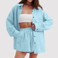 thumbnail image 4 of 2 Piece Linen Outfits for Women Fall Spring Long Sleeve Button Up Shirt and Elastic Waist Shorts Set Travel Clothes (XL, Sky Blue), 4 of 7