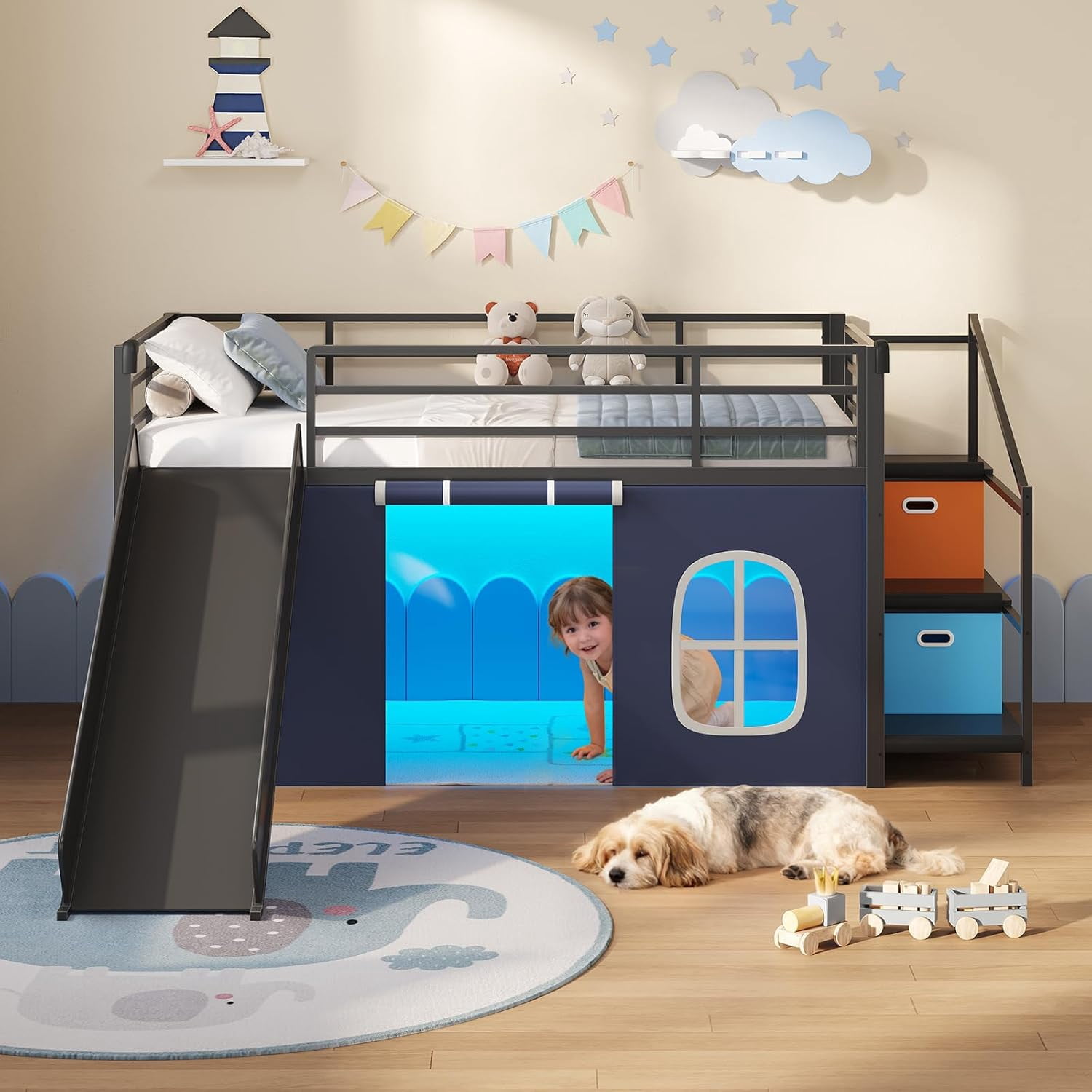 Low Loft Bed Twin with Slide, Storage Drawers and Led Lights, Metal Twin Size Loft Beds with Art Table, Storage Stairway and Under-Bed Play Space, Twin Beds with Safety Guardrail, Black
