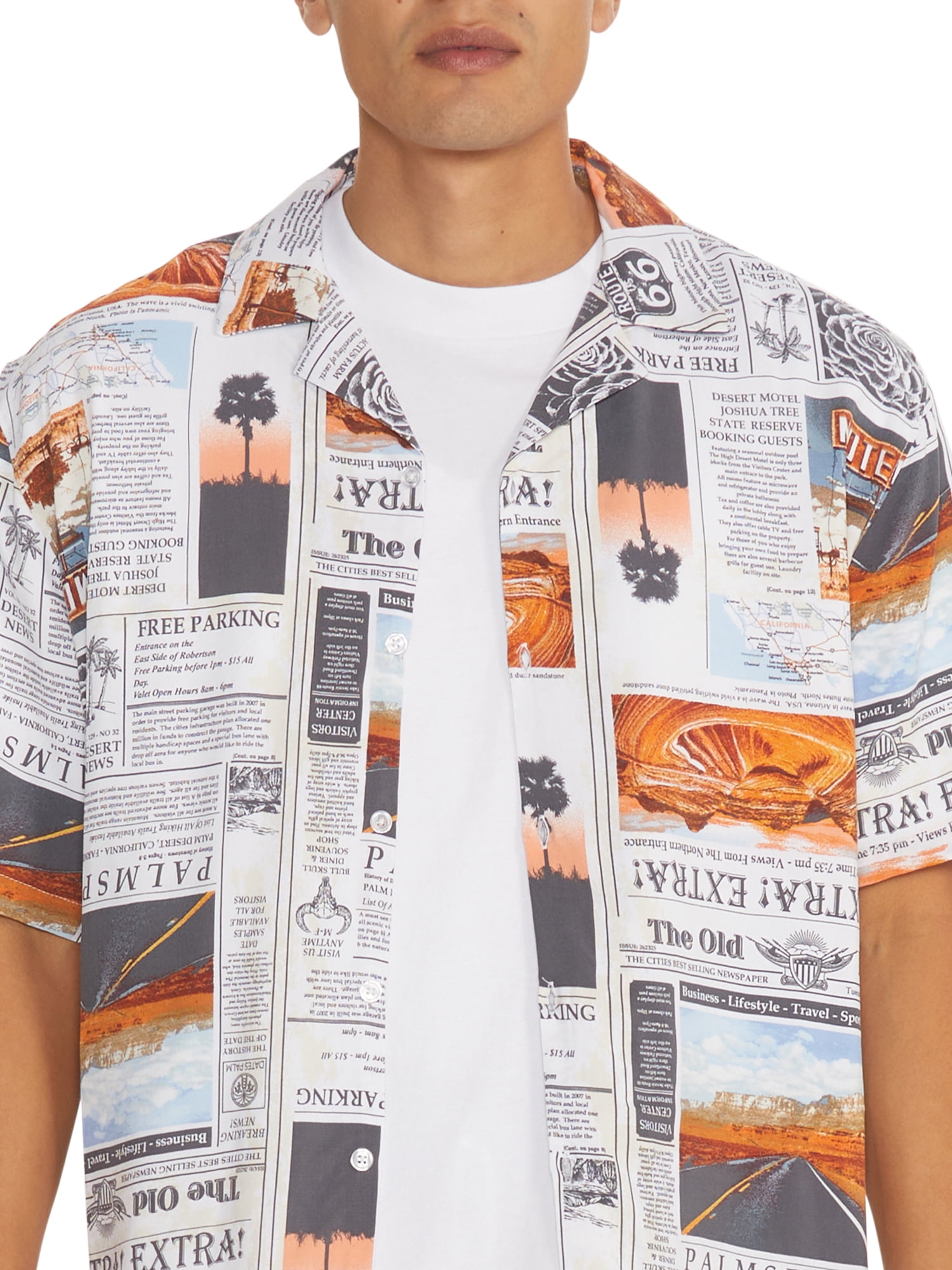 No Boundaries Men's Print Button Up Shirt with Short Sleeves, Sizes XS-3XL
