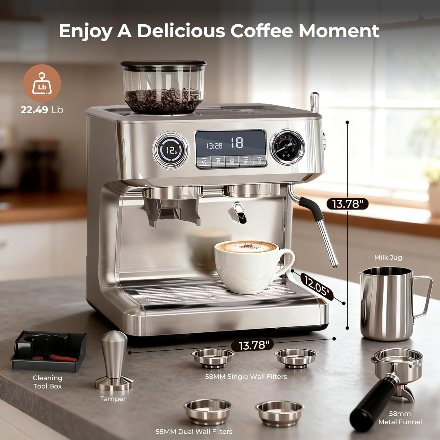WAA 20 Bar Dual-Boiler Espresso Machine 30 Grinder Settings,Milk Frother,95oz Tank 58MM LED Display,Silver