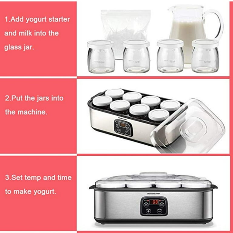  Yogurt Maker Automatic Digital Yoghurt Maker Machine with 8  Glass Jars 48 Ozs (6Oz Each Jar) LCD Display with Constant Temperature  Control Stainless Steel Design for Home Use: Home & Kitchen