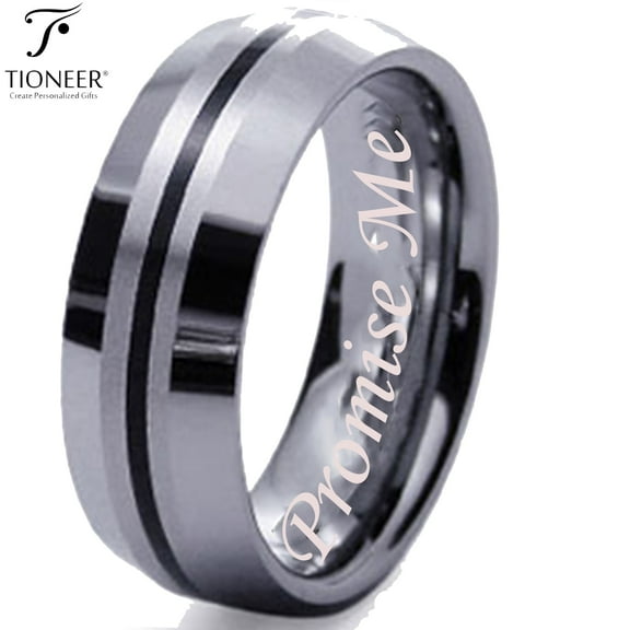 Tioneer Tungsten Carbide Contemporary Tioneer Black Strip Inlay Dome Wedding Band Ring Promise Me Engraved 8MM