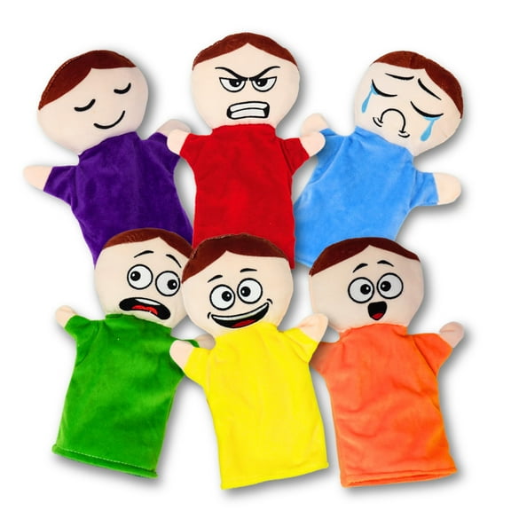 4E's Novelty 6 Pack Emotion Hand Puppets for Kids – Soft Plush Emotional Dolls for Toddlers 3-8