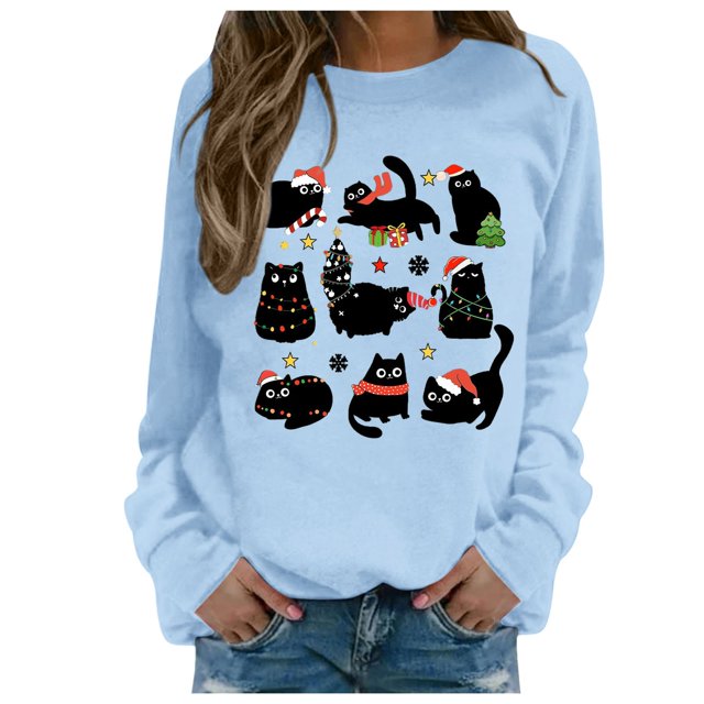 AWZXDE Women's Round Neck Long Sleeve Small Cat Cartoon Pattern Design Solid Color Casual Pullover Sweatshirt for Jeans pairing Comfort Light Blue,L