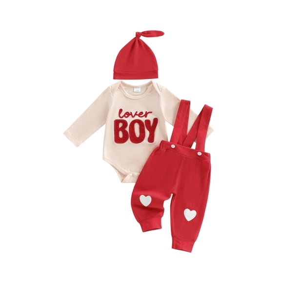 BemeyourBBs Newborn Baby Boys Valentines Day Outfits Lover Boy Letters Embroidery Long Sleeve Romper with Overalls Pants Set Cute Infant Spring Clothes