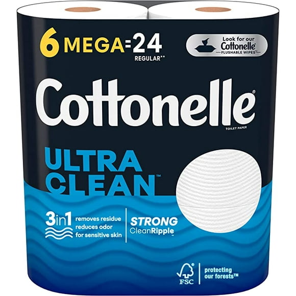 Cottonelle Papier Toilette Ultra Propre, Tissu de Bain Solide, 6 Méga Rouleaux (Égale à 24 Rouleaux Réguliers)