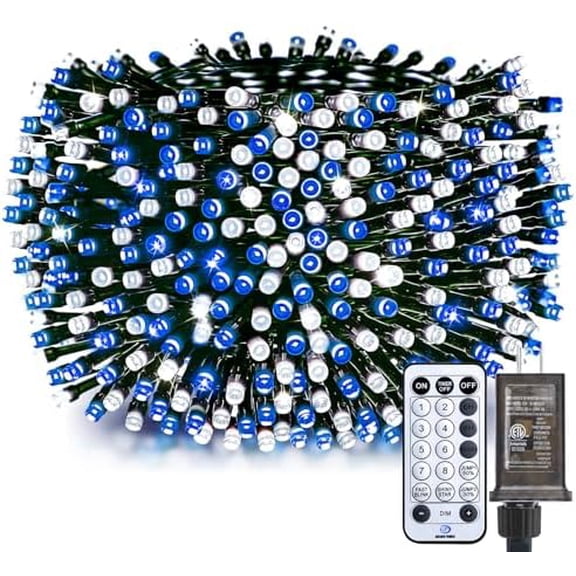 50 Ft 1000 LED Cluster Christmas Tree Lights Outdoor Firecrackers String, 12 Modes Timer Remote Waterproof Plug-in Twinkle for Xmas Tree Party, Blue & Cool White
