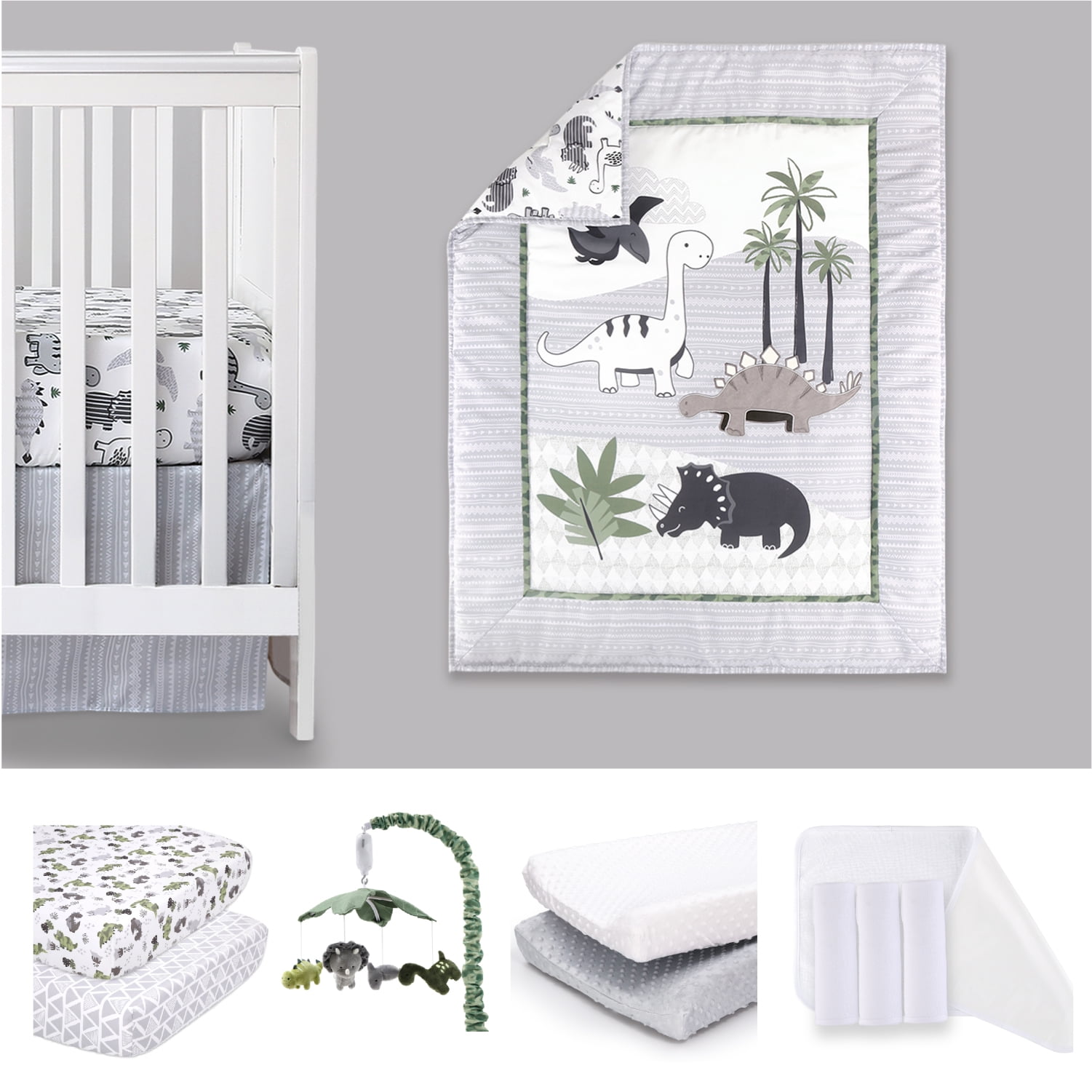 The Peanutshell Green Dino 12 Piece Baby Nursery Crib Bedding Set