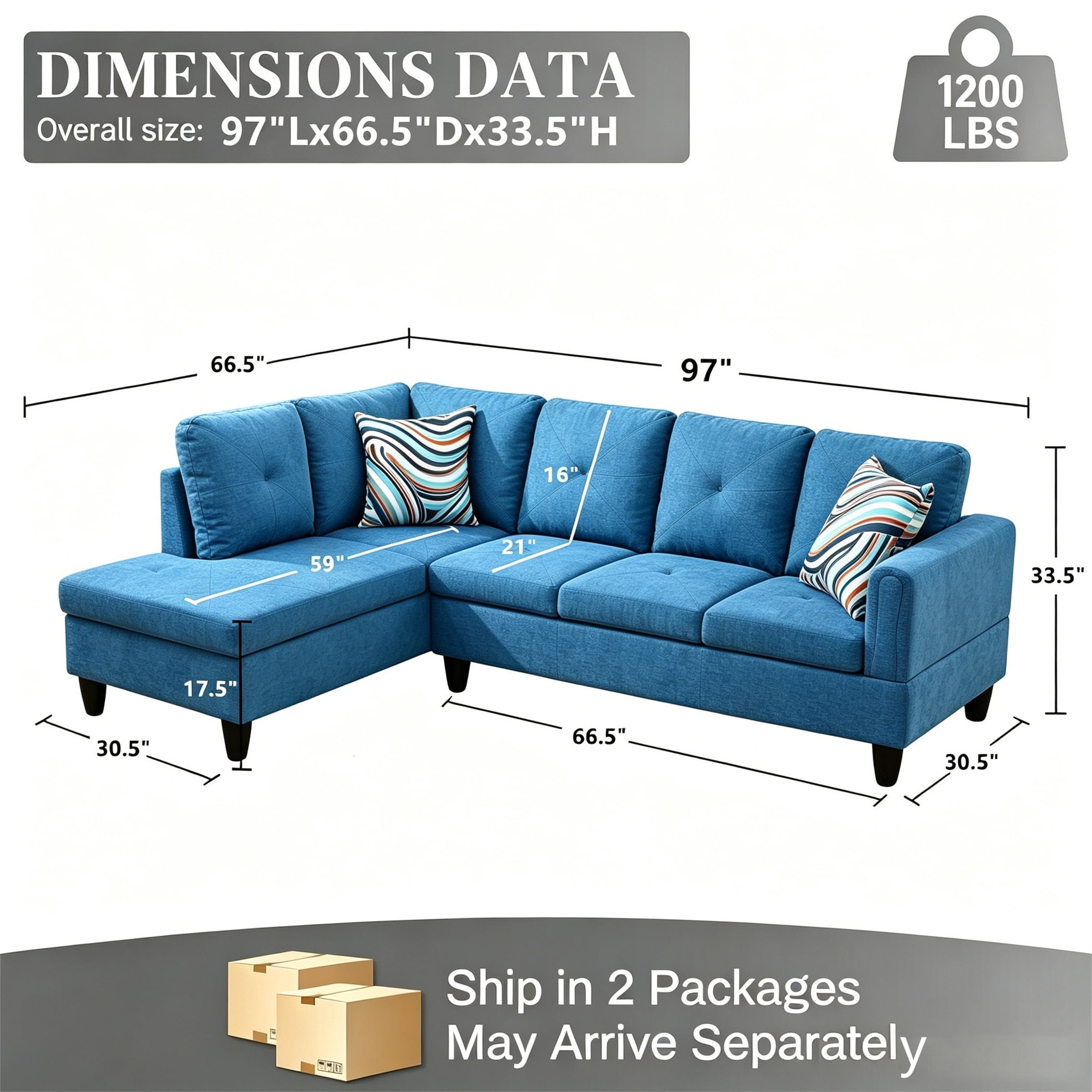 Aukfa 97" Classic Sectional Sofa 4 Seat L shape Couch with Oversized Left Chaise for Living Room, 2Pillows, Linen, Blue