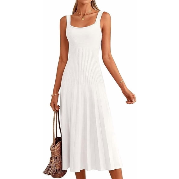 PRETTYGARDEN Spring Dresses for Women Summer Casual Sleeveless Square Neck A Line Knit Pleated Midi Cocktail Party Dress