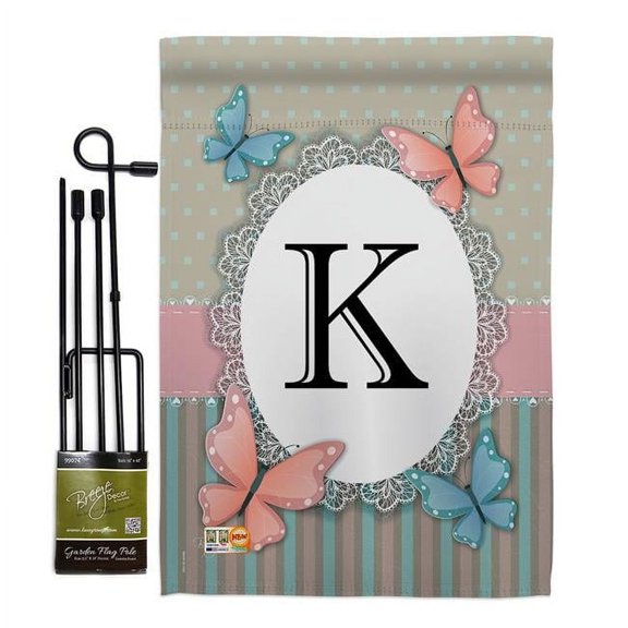 Breeze Decor BD-BG-GS-130141-IP-BO-D-US14-BD 13 x 18.5 in. Butterflies K Initial Garden Friends Bugs & Frogs Impressions Decorative Vertical Double Sided Flag Set with Banner Pole