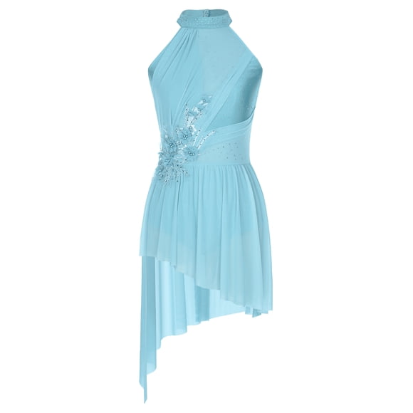 MSemis Women's Lyrical Dance Costume Sleeveless Contemporary Dance Dress Tulle Ballet High Low Dancewear Light Blue XXL