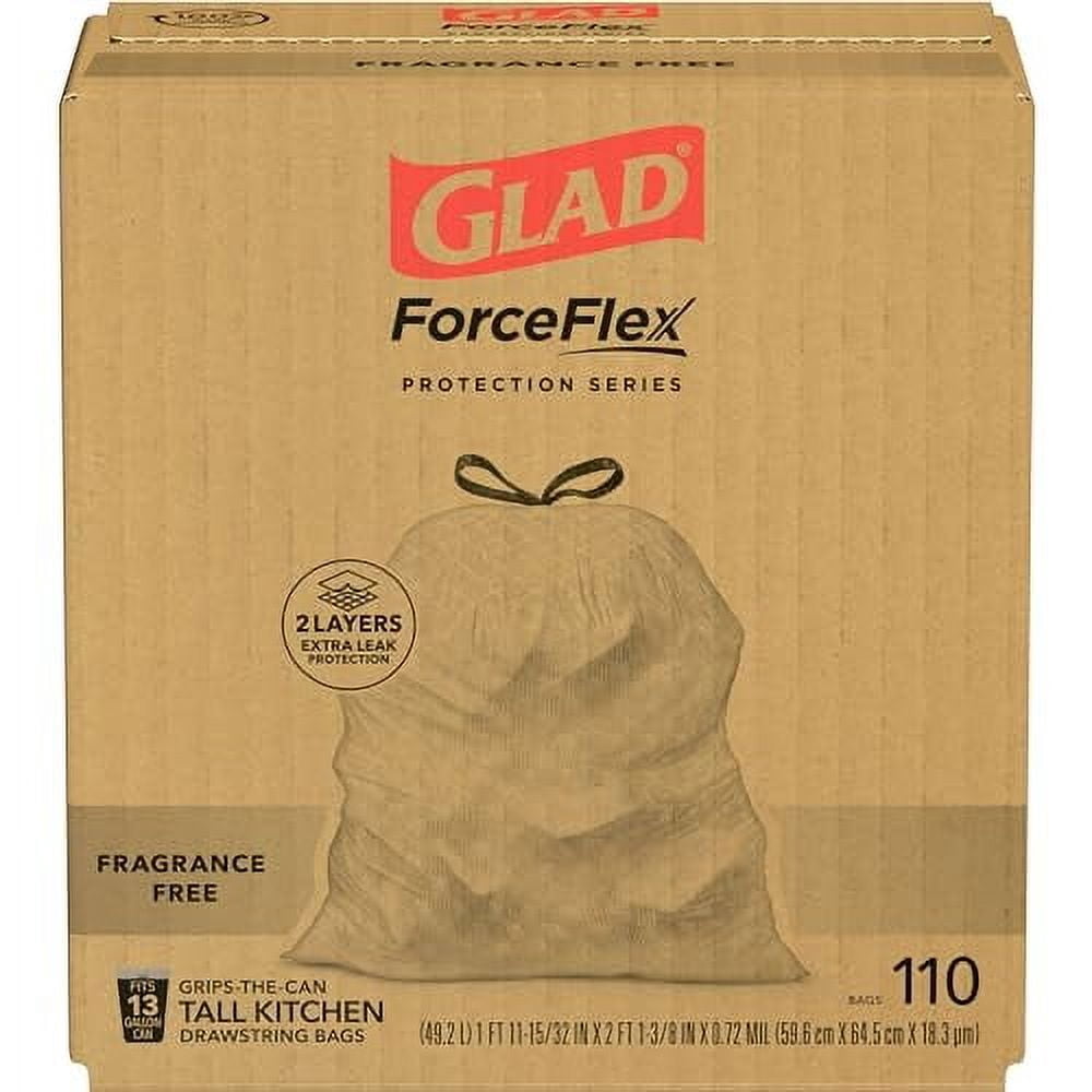Glad Trash Bags, ForceFlex Tall Kitchen Drawstring Garbage Bags, 13 Gal, Fragrance Free, 110 Ct, Package May Vary
