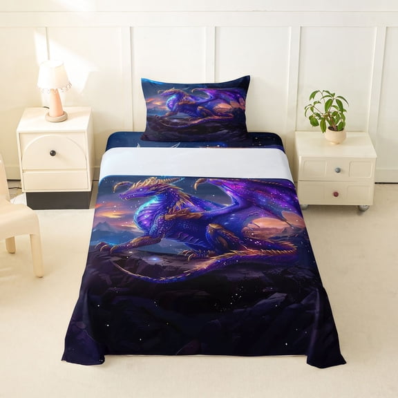 Feelyou Moon Stars Dragon Twin Sheet Sets for Boys, Glitter Magical Animal Bedding, Navy, 3 Pieces