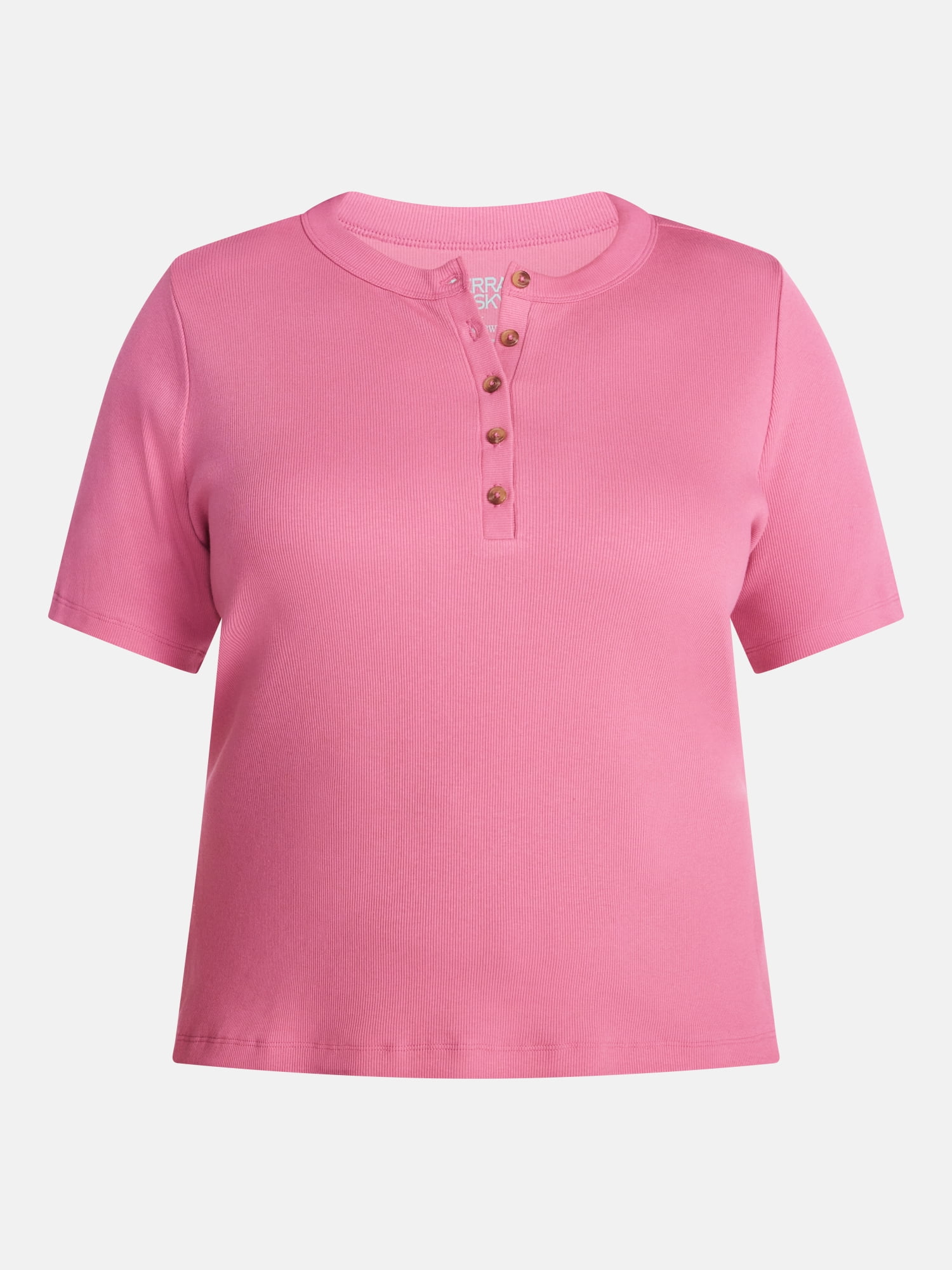 Terra & Sky Women's Plus Ribbed Henley Top with Short Sleeves, Sizes 0X-5X