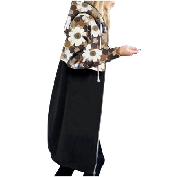Sudadera con capucha cálida a la moda para mujer, abrigo largo de empalme de tela con cremallera y estampado Floral Fridja BV0+1797