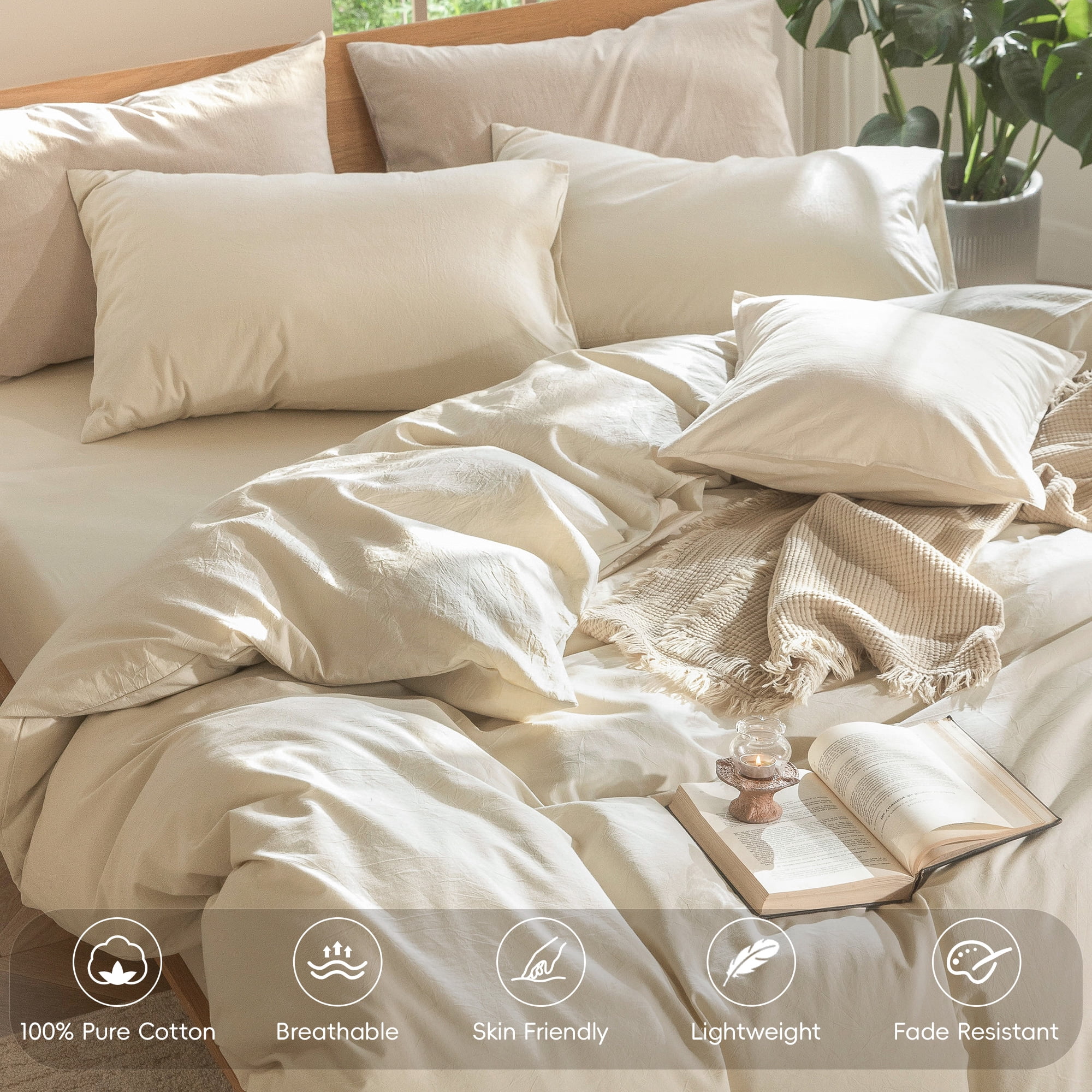 MooMee 100% Washed Cotton Duvet Cover Set Full Size Linen Like Textured Breathable 3-Piece (Almond Milk Grey, 80"x90")