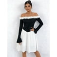 thumbnail image 2 of OYYNIIS Womens Off Shoulder Dresses Fashion Floral Trim Bell Sleeve Stretchy Fit Dress Graduation Wedding Guest Mini Short Dress, 2 of 5