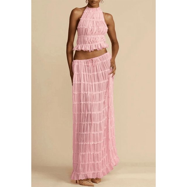 Solid Halter Long Skirt Suit For Women Fashion Backless Sling Top Lace Up Fold Skirts Set 2024 Spring Summer Female 2 Piece Set FJH